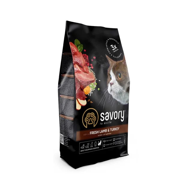 Сухой корм для кошек с чувствительным пищеварением Savory, со свежим мясом ягненка и индейки, 400 г