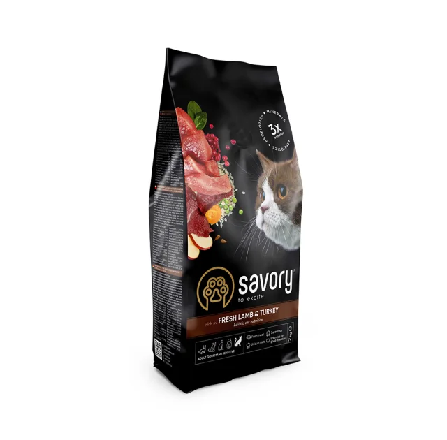 Сухой корм для кошек с чувствительным пищеварением Savory, со свежим мясом ягненка и индейки, 2 кг