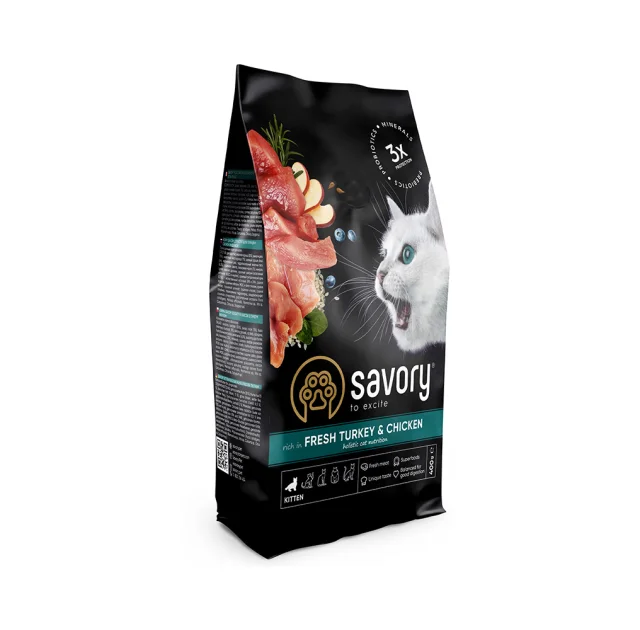 Сухой корм для котят Savory, со свежим мясом индейки и курицы, 400 г
