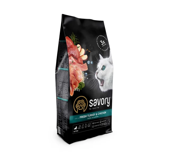 Сухий корм для кошенят Savory, зі свіжим м’ясом індички та курки, 2 кг