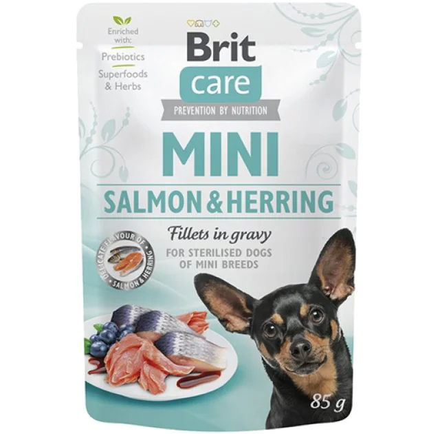 Влажный корм Brit Care Mini pouch, для собак, филе лосося и сельди в соусе, 85 г