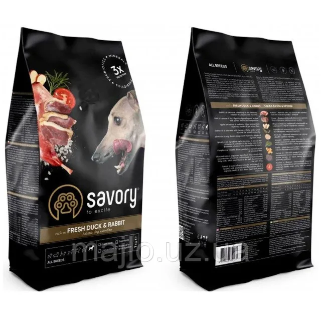 Сухой корм для собак всех пород Savory, со свежим мясом утки и кроликом, 1 кг