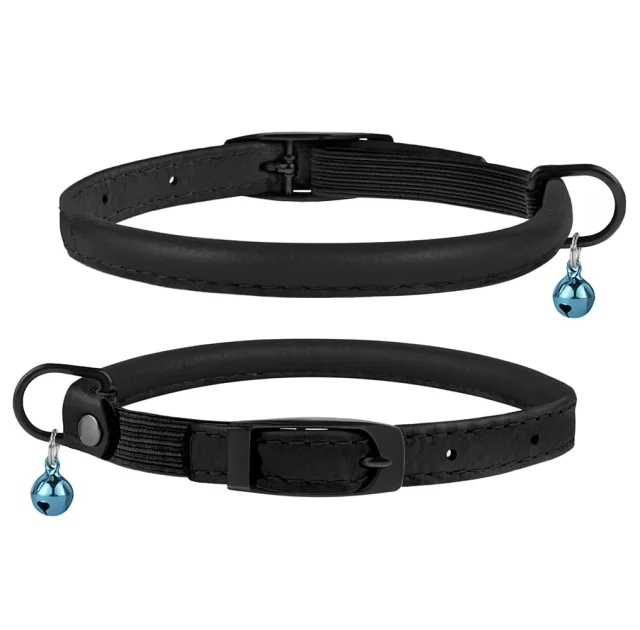 Ошейник BronzeDog Premium, для кошек, кожаный, круглый, с резинкой и колокольчиком, чёрный, 20-25×0.6 см