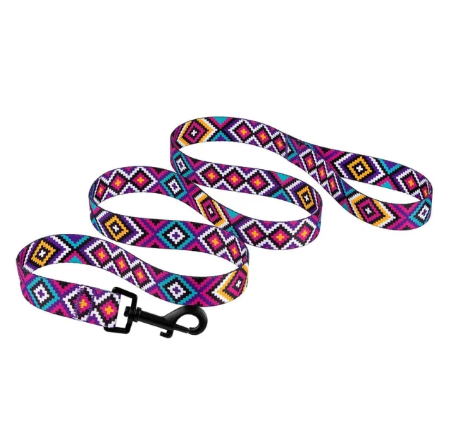 Поводок BronzeDog Tribal для собак, нейлон, принт гуцульский, фиолетовый, 152×2 см