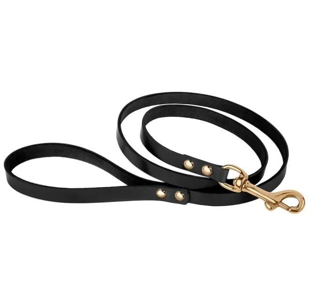Поводок BronzeDog для собак, кожаный, литая латунная фурнитура, чёрный, 122×1.2 см