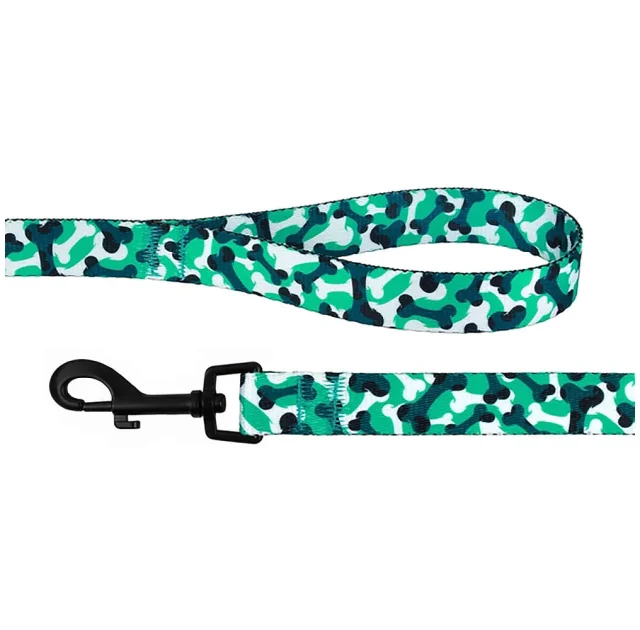 Поводок BronzeDog Urban для собак, нейлон, принт косточки, бирюзовый, 152×2.5 см