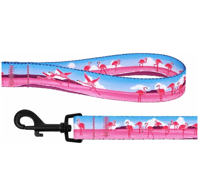 Поводок BronzeDog Travel для собак, нейлон, принт фламинго, 152×2.5 см