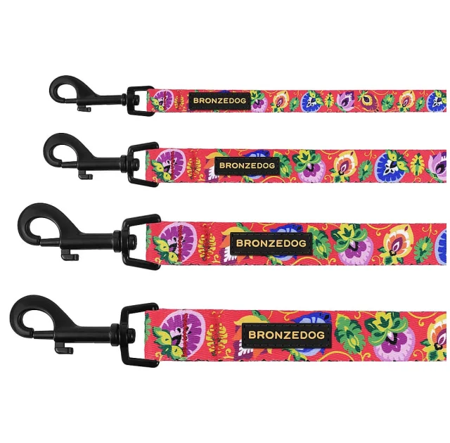 Повідець BronzeDog Folk для собак, з нашивкою, принт квіти, кораловий, 152×2 см