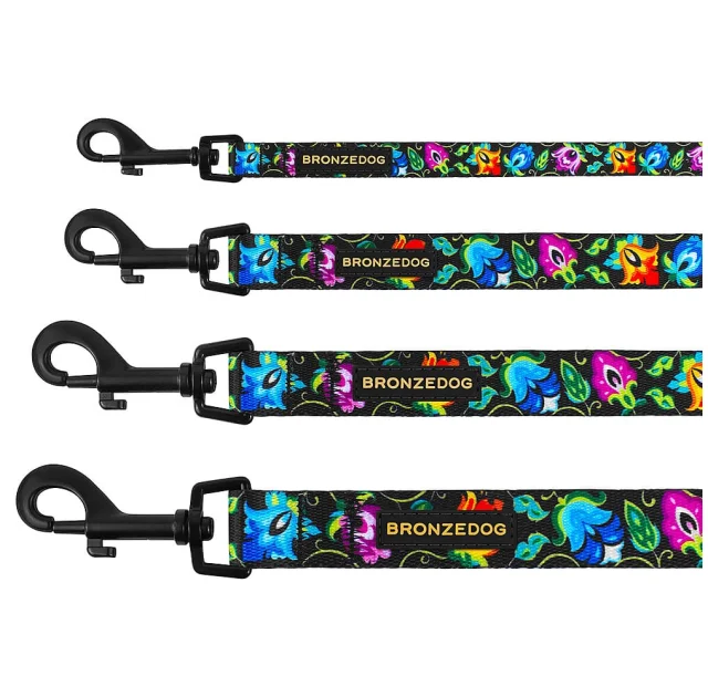 Повідець BronzeDog Folk для собак, з нашивкою, принт квіти, чорний, 152×2.5 см