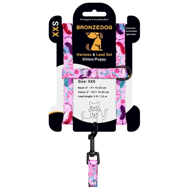 Шлея с поводком BronzeDog для собак и кошек, нейлон, принт цветы, розовый, 2ХS