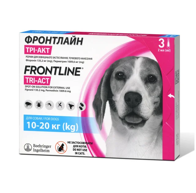 Капли Boehringer Ingelheim Frontline TRI-ACT от блох и клещей для собак, M, 10-20 кг, цена за 1 пипетку