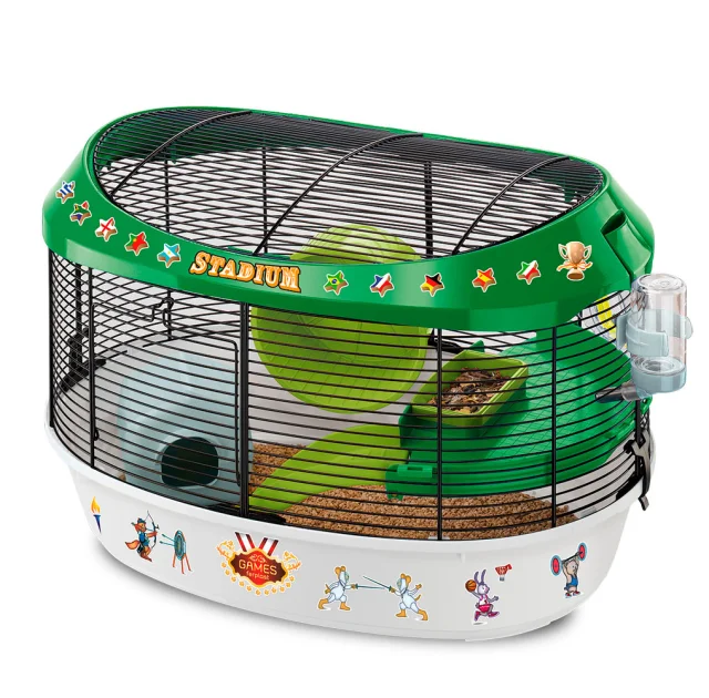 Клетка Ferplast Cage Stadium Black с цветными наклейками, для хомяков, зелёно-белая, 49,5×34×33 см