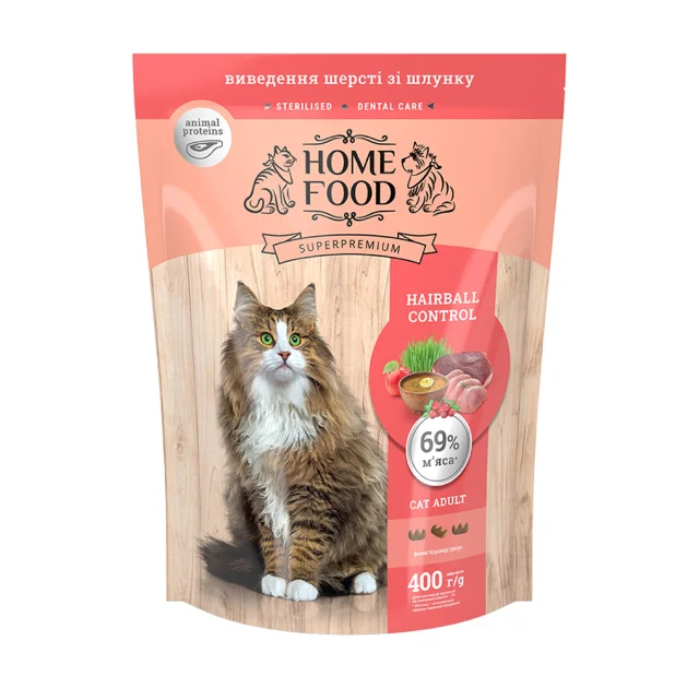 Сухий корм Home Food Hairball Control для виведення шерсті у дорослих котів, з індичкою і качкою, 400 г