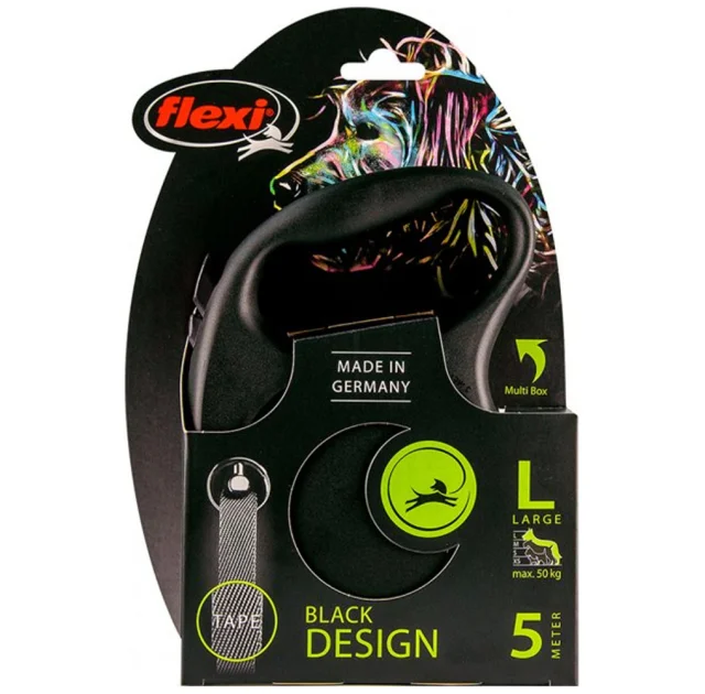 Повідець-рулетка Flexi Black Design L для собак до 50 кг, 5 м, стрічка, чорна