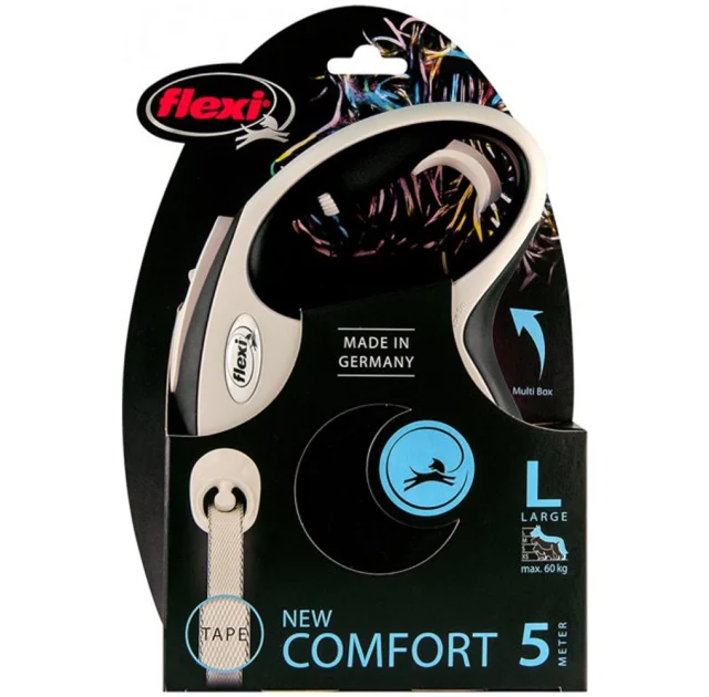Поводок-рулетка Flexi New Comfort L для собак до 60 кг, 5 м, лента, чёрный