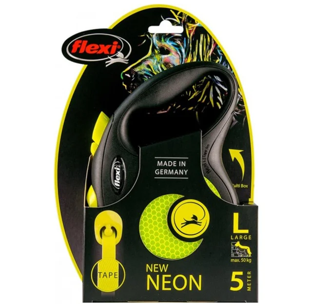 Рулетка Flexi Neon L, для собак, 5 м, лента, черно-желтая