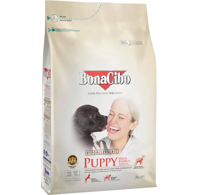 Сухой корм BonaCibo Puppy High Energy Chicken&Rice для активных щенков всех пород, курица/рис/анчоусы, 3 кг