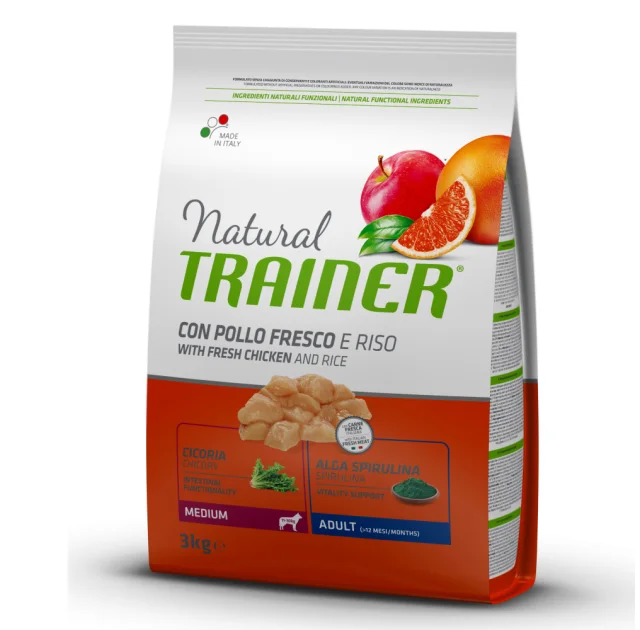 Корм Trainer Natural Super Premium для взрослых собак средних пород, свежая курица, рис и алоэ вера, 3 кг