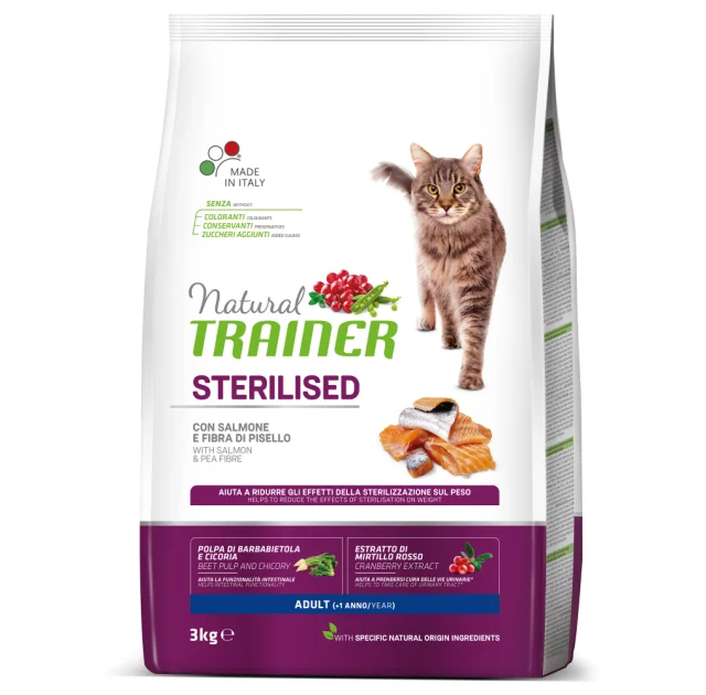 Корм Trainer Natural Super Premium для взрослых стерилизованных кошек от 1 года, с лососем и горохом, 3 кг