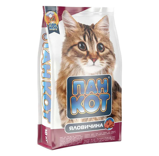 Сухой корм Пан Кот для взрослых кошек всех пород от 12 месяцев со вкусом говядины, 10 кг