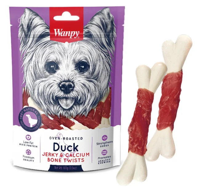 Ласощі Wanpy Duck Jerky & Calcium Bone Twists кістка з в'яленої качкою і кальцієм, для собак, 100 г