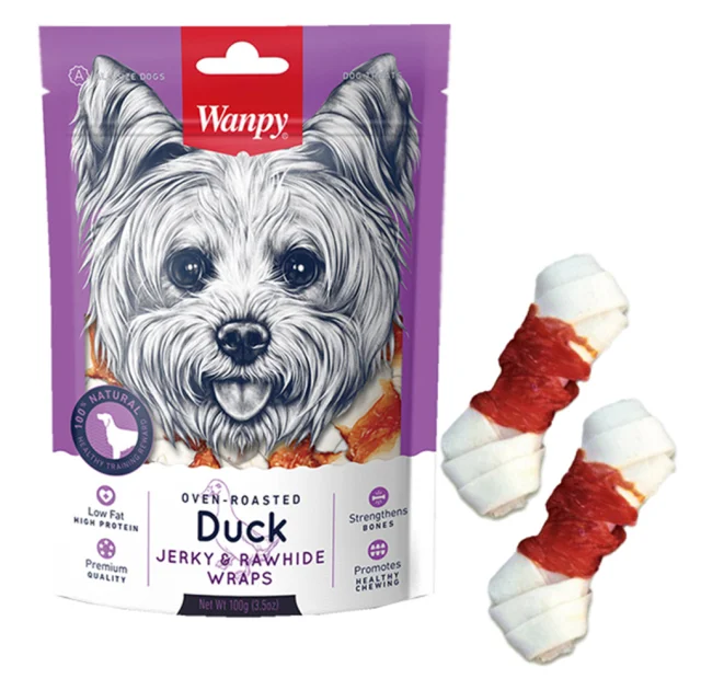 Лакомство Wanpy Duck Jerky & Rawhide Wraps кость с узлами и вяленой уткой, для собак, 100 г