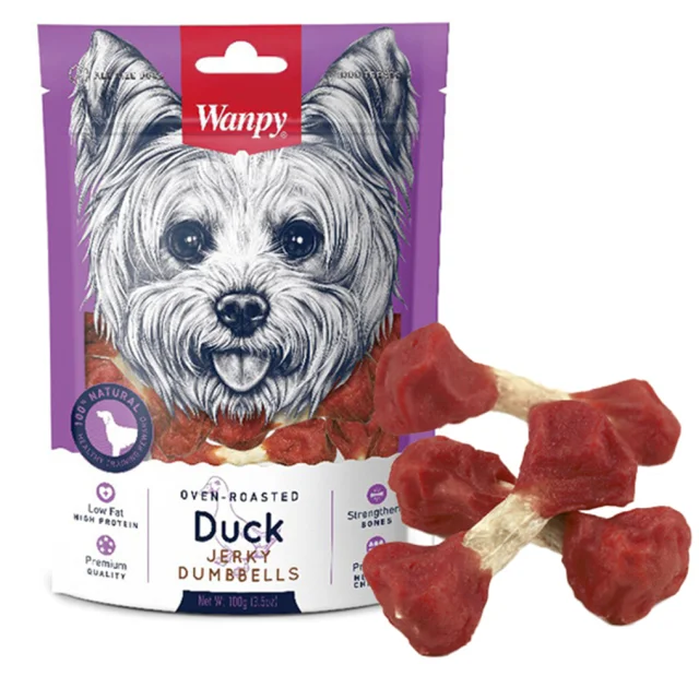 Лакомство Wanpy Duck Jerky Dumbbells гантель с вяленой уткой, для собак, 100 г