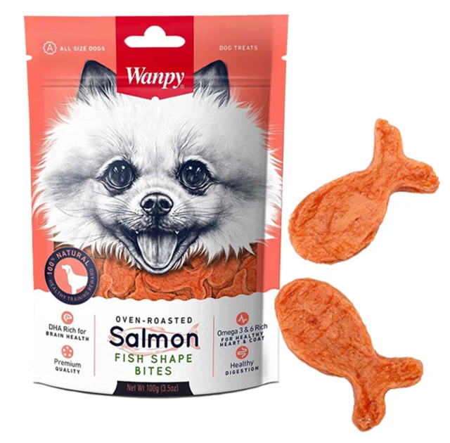 Лакомство Wanpy Salmon Fish Shape Bites рыбки из лосося и курицы, для собак, 100 г