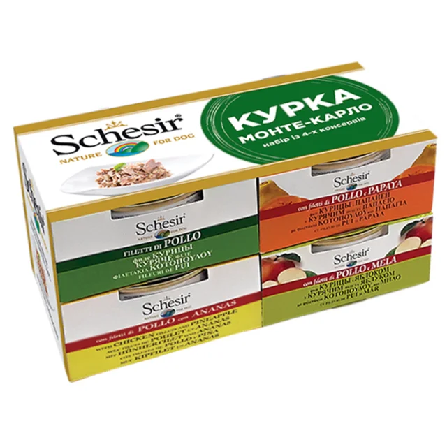 Набор натуральных консерв Schesir Монте-Карло для собак, с курицей, 4 шт×150 г