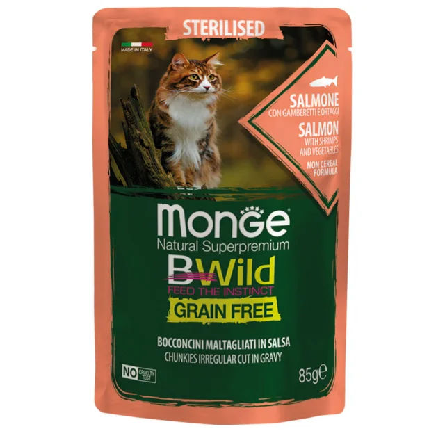 Влажный корм Monge Be Wild Gr.Free для стерилизованных кошек, кусочки в соусе, лосось с креветками, 85 г