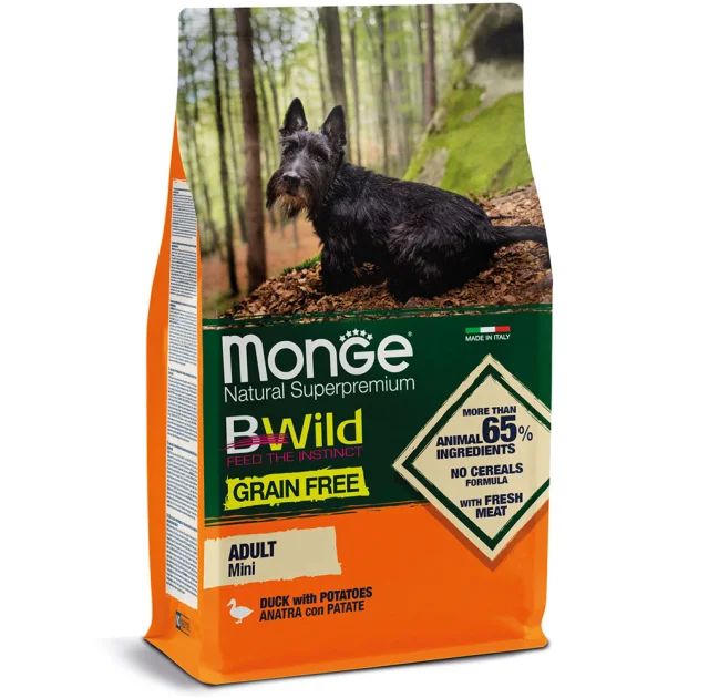 Сухой беззерновой корм Monge Dog Be Wild Gr. Free Mini для собак малых пород, с уткой, 2.5 кг