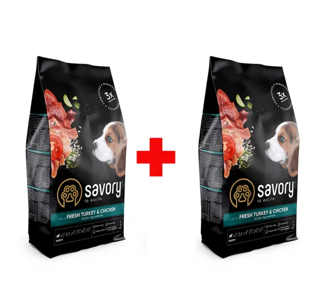 Сухий корм для цуценят Savory, зі свіжим м’ясом індички та куркою, 3 + 3 кг