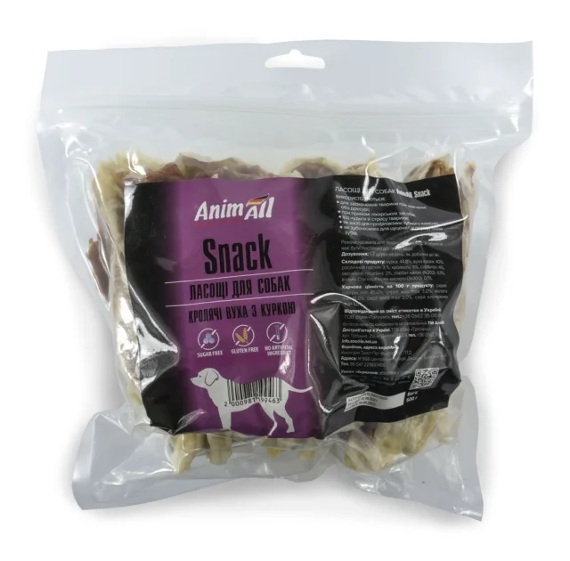 Лакомство AnimAll Snack уши кролика с курицей, для собак, 500 г