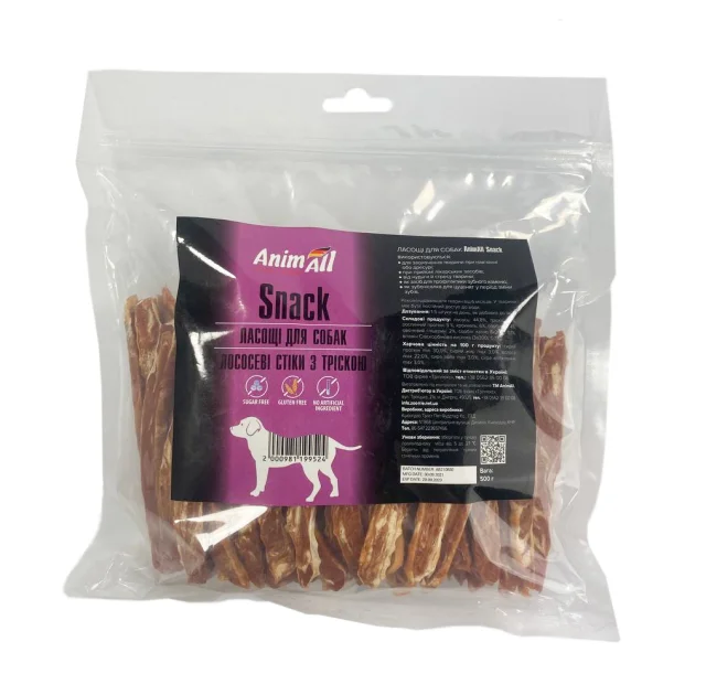 Лакомство AnimAll Snack лососевые стики с треской, для собак, 500 г