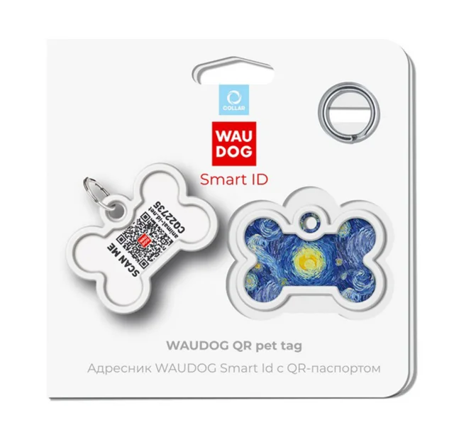 Адресник WAUDOG Smart ID c QR паспортом для собак і котів, метал, малюнок "Водяні лілії", кістка, 40×28 мм