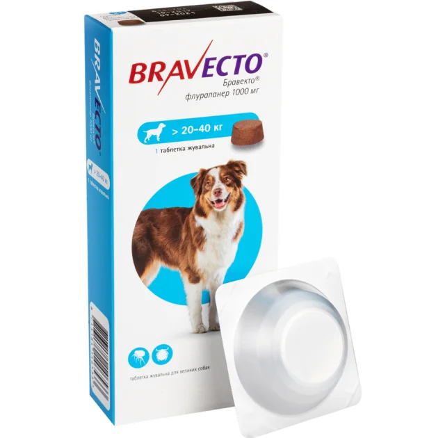Жевательная таблетка Bravecto от блох и клещей для собак крупных пород от 20 до 40 кг, 1000 мг