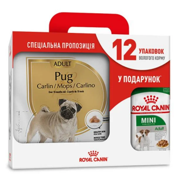 Сухой корм Royal Canin Pug Adult для мопса, 3 кг + 12 паучей в подарок