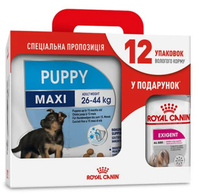 Сухой корм Royal Canin Maxi Puppy для щенков крупных пород с 2 до 15 месяцев, 4 кг + 12 паучей в подарок