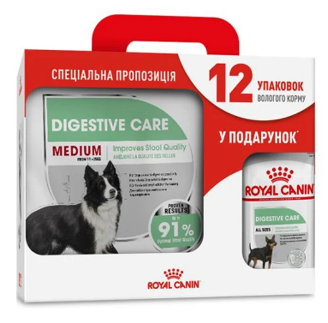 Сухой корм Royal Canin Medium Digestive Care при чувствительном пищеварении у собак средних пород, 3 кг + 12 паучей в подарок