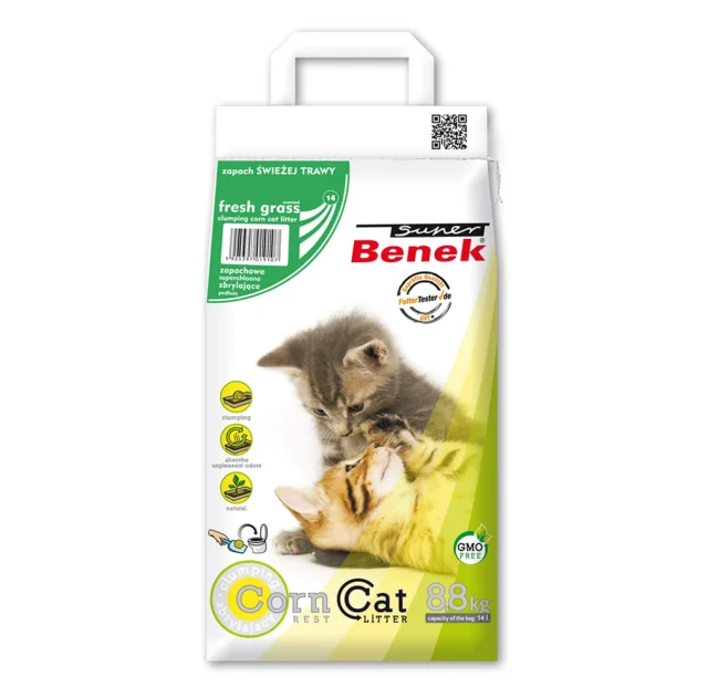 Кукурузный наполнитель Super Benek Corn для кошачьего туалета, с ароматом свежескошенной травы, 14 л