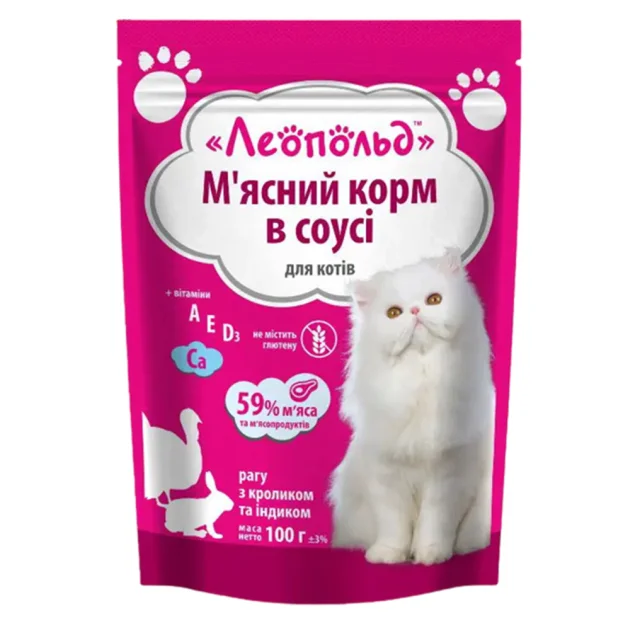 Влажный корм Леопольд Мясное Рагу с кроликом и индейкой в соусе, для кошек, 100 г