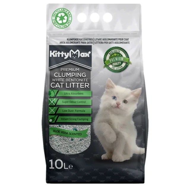 Бентонитовый наполнитель Kitty Max для кошачьего туалета, с ароматом алоэ вера, белый, 10 л