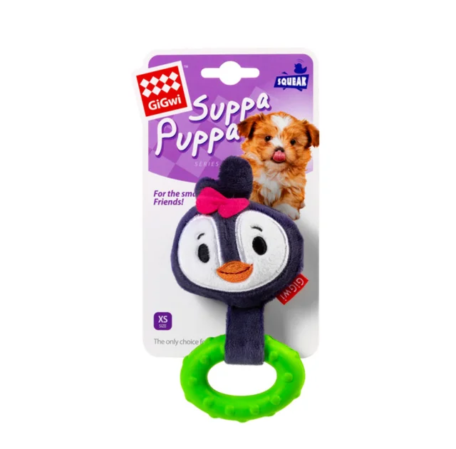 Игрушка GiGwi Suppa Puppa, для щенка, пингвин с кольцом и пищалкой, текстиль, резина, 15 см