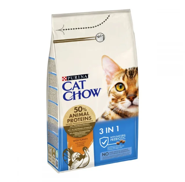 Сухой корм Purina Cat Chow Feline 3 in 1 для кошек, с индейкой, 1.5 кг