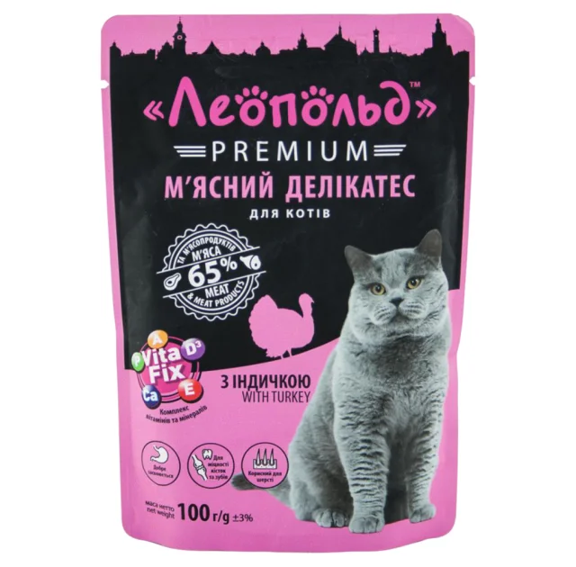 Влажный корм Леопольд Premium Мясной деликатес для кошек, с индейкой, 100 г(откл)
