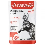 Влажный корм Леопольд для кошек, мясное ассорти с телятиной и рыбой с овощами в желе, 100 г