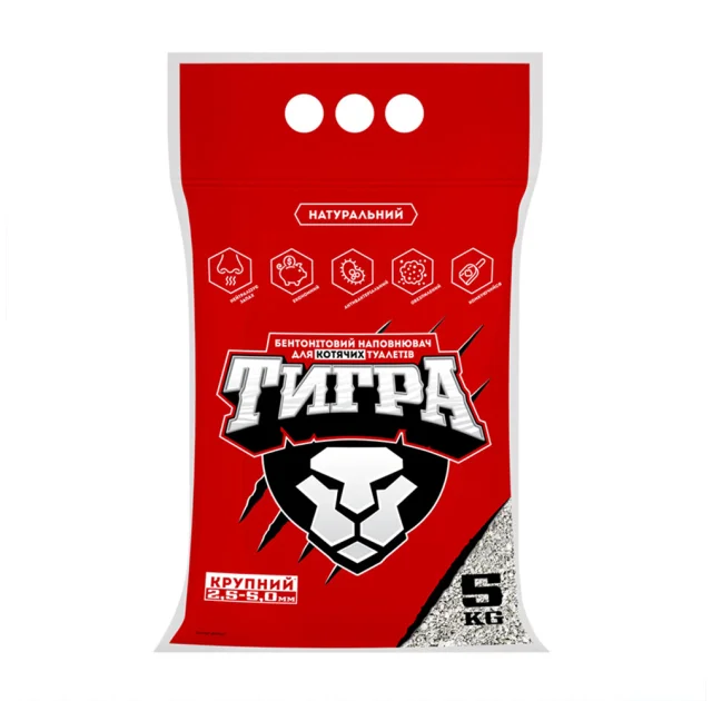Бентонитовый наполнитель Тигра для кошачьих туалетов, гранула макси 2.5-5 мм, 5 кг