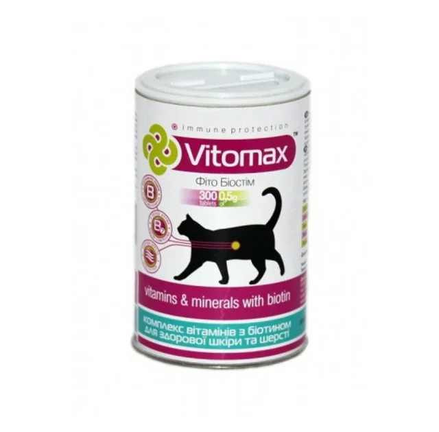 Витамины Vitomax для оздоровления блестящей шерсти кошек, 300 таб