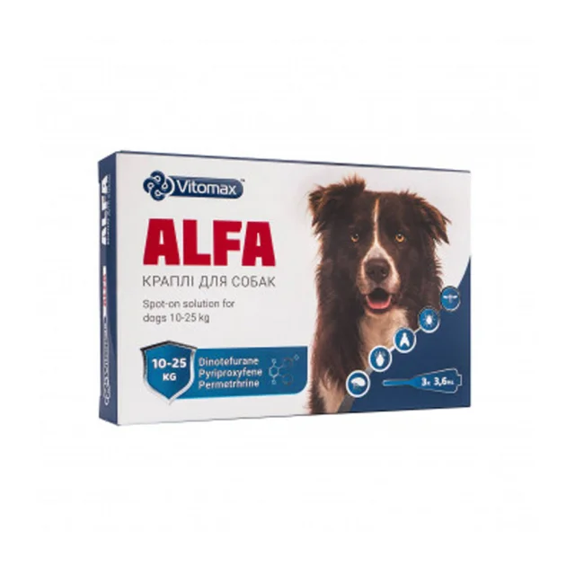 Капли Vitomax ALFA противопаразитарные, для собак весом от 10 до 25 кг, 3.6 мл, 3 пипетки