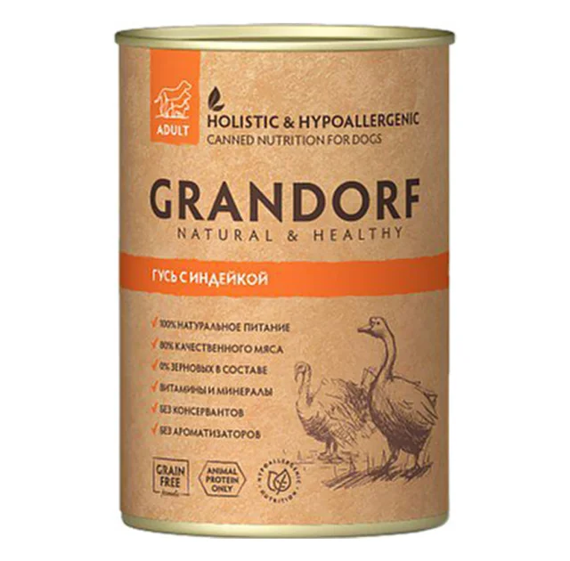 Консерви Grandorf Goose&Turkey для дорослих собак, з м'ясом гусака та індички, 400 г